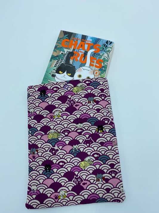 Protège -Livre et Manga Tissu Japonais - Motif Chats & Vagues😺