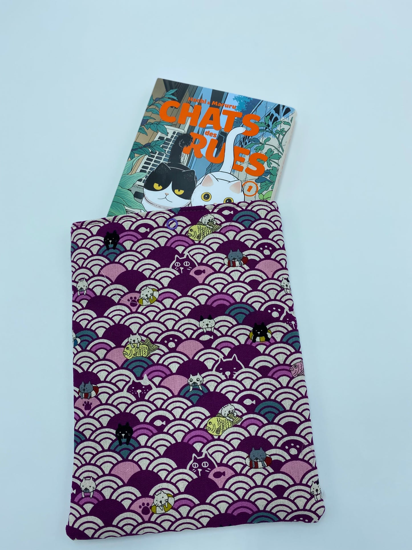 Protège -Livre et Manga Tissu Japonais - Motif Chats & Vagues😺